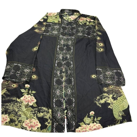 Citron Santa Monica Floral Peacock Bird Print Silk Long Kimono Size 3X - Picture 1 of 11